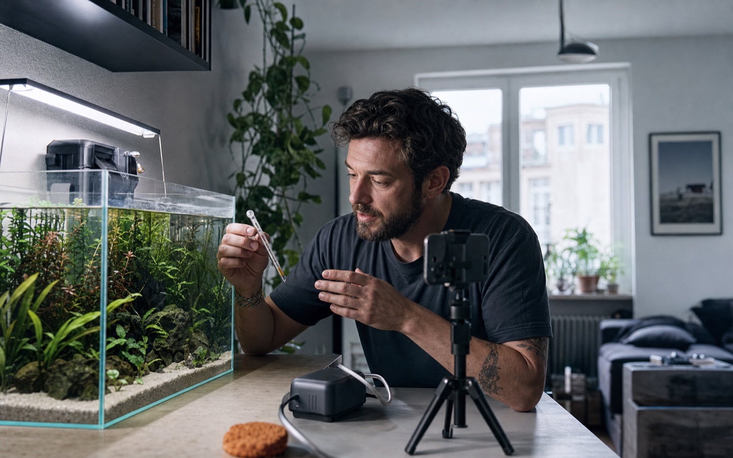 An aquarium educator records an equipment demonstration at home