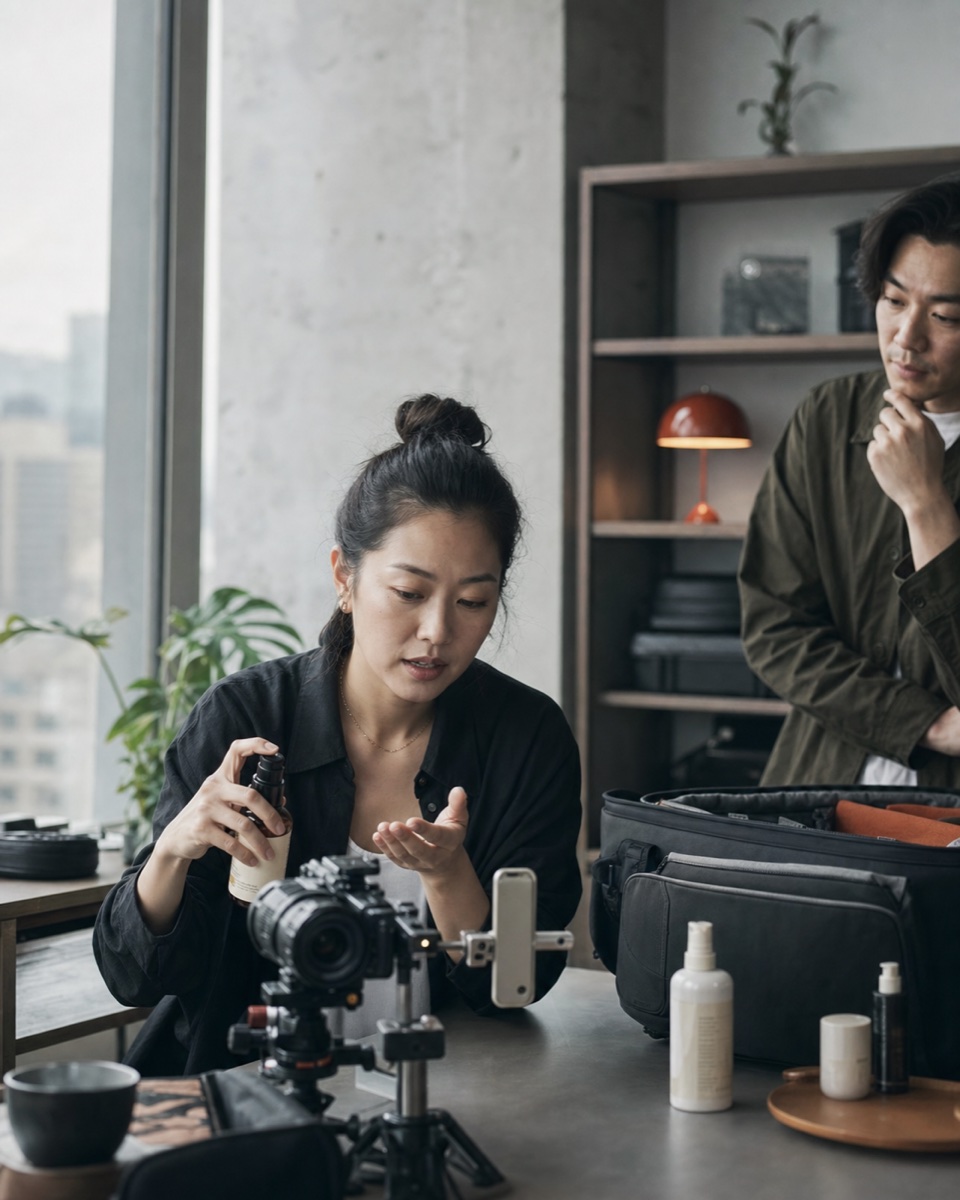 A creator and brand producer prepare a product demonstration in a studio
